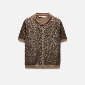 ZARA NEW WOMAN PETER PAN COLLAR SEQUINNED KNIT TOP BROWN